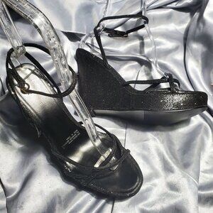 NEW FASHION BUG black sparkle strappy wedge platform heels SZ 10